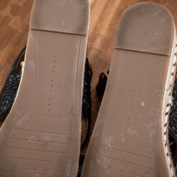 Zara Trafaluc Black Woven Cork Contrast Wedge Platform Sandals Size 37 - Picture 7 of 7